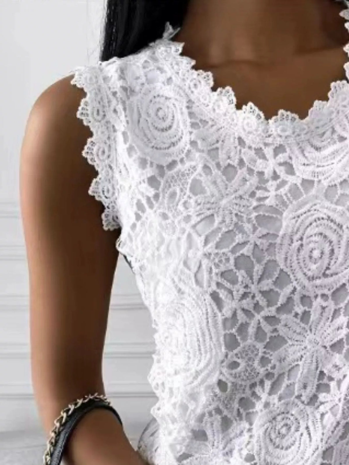 Floral Lace Sleeveless Top, detail view in white