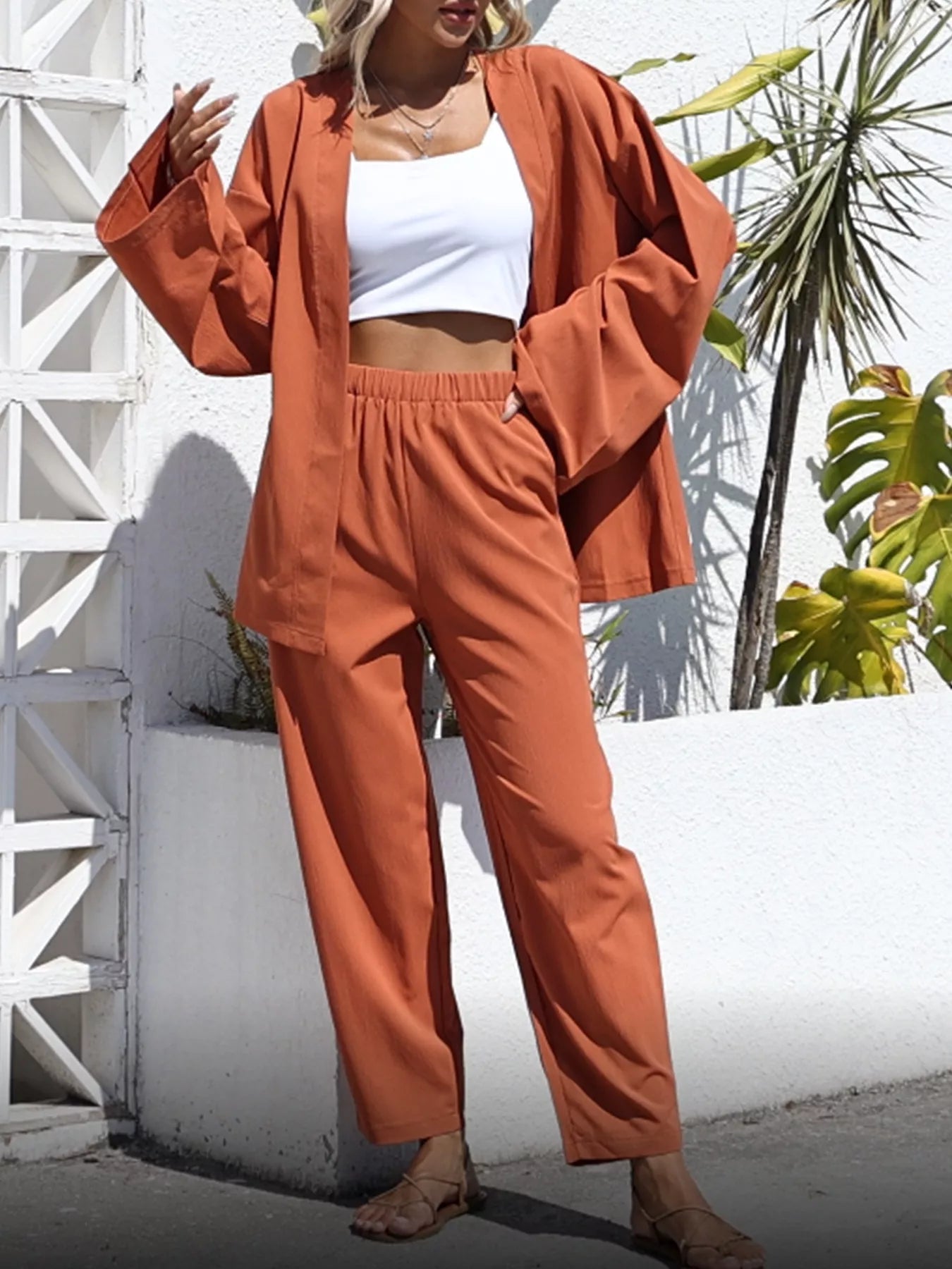 Trendsi Open-Front Cardigan and Wide Leg Pants Set -