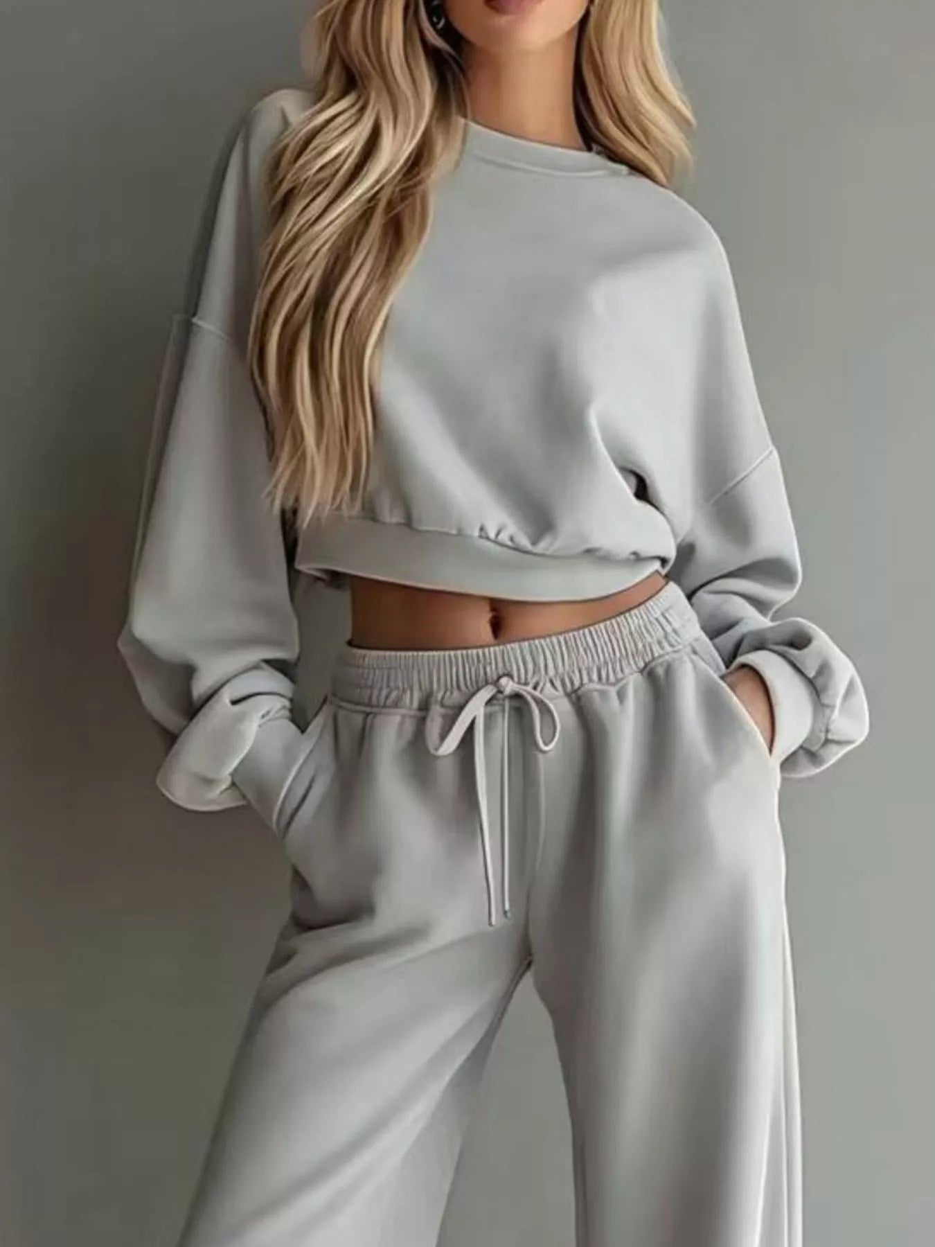 Trendsi Round Neck Cropped Sweatshirt and Wide-Leg Pants -