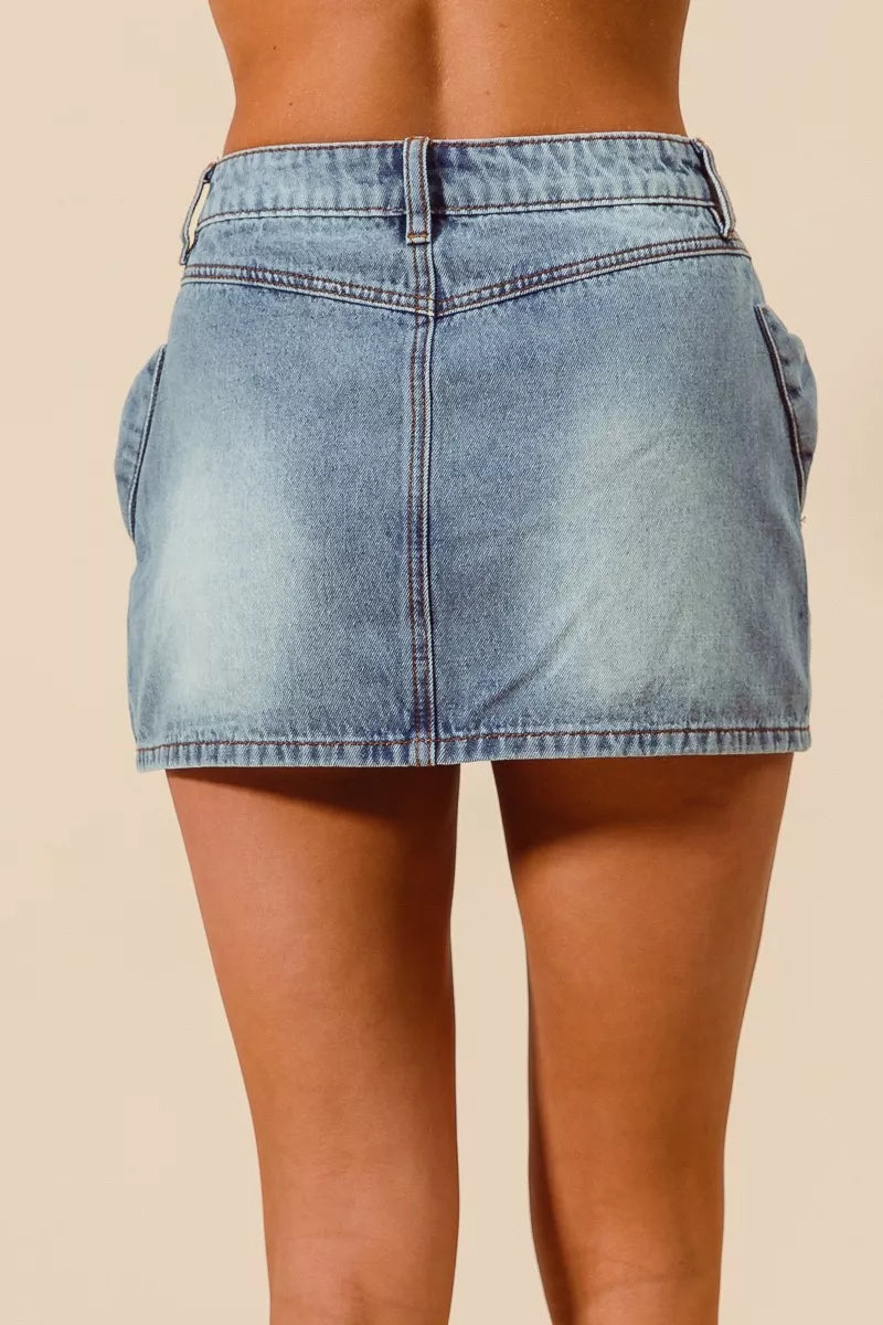 Women's Denim Mini Skirt A-Line High Waist Bow Knot Pockets — product view 3