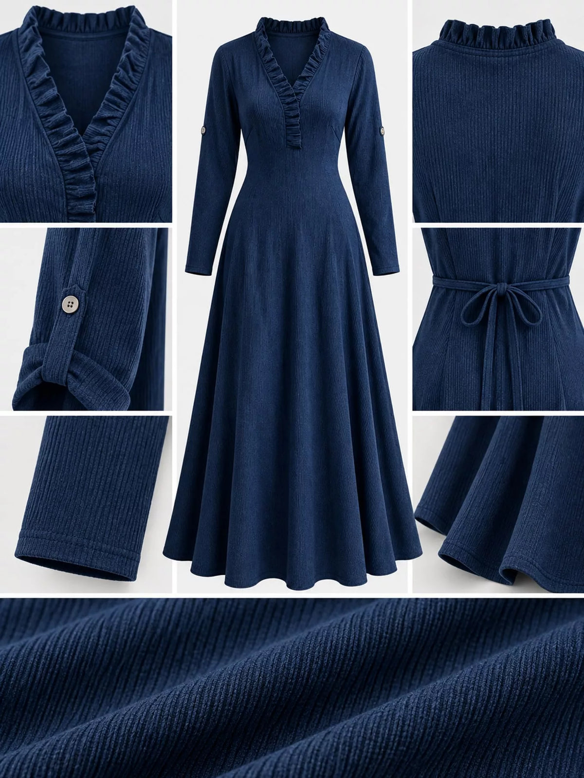 Frill-trim maxi dress, navy detail collage