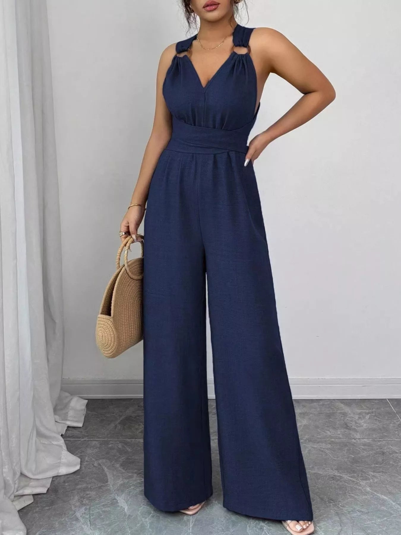 Trendsi Sleeveless V-Neck Wide-Leg Jumpsuit with O-Ring Detail -