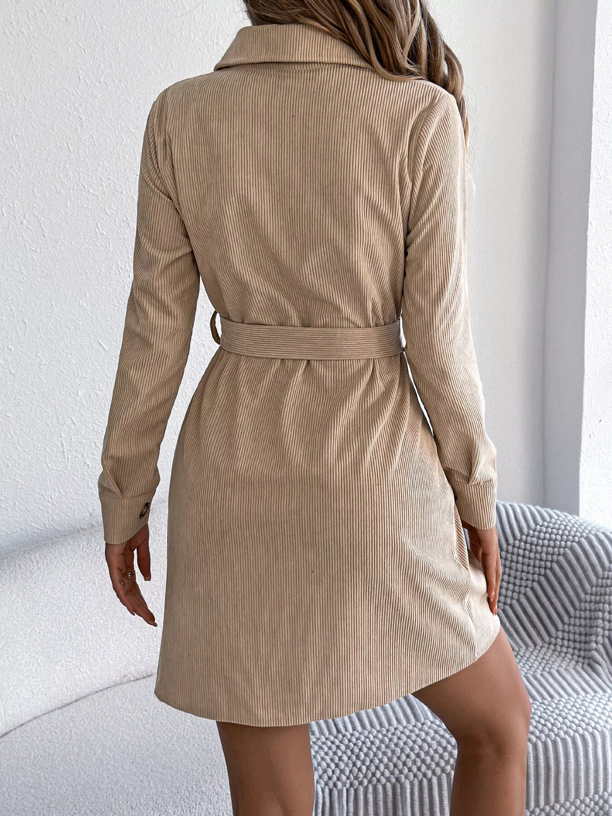 Corduroy Button-Down Shirt Dress in beige, back view