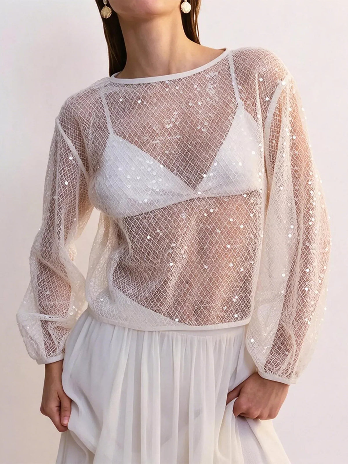Sheer Sequin Embellished Mesh Beach Cover Up Top, front view