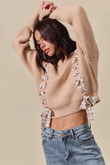 Trendsi SO ME Checkered Plaid Tape Lace Up Ribbed Sweater -