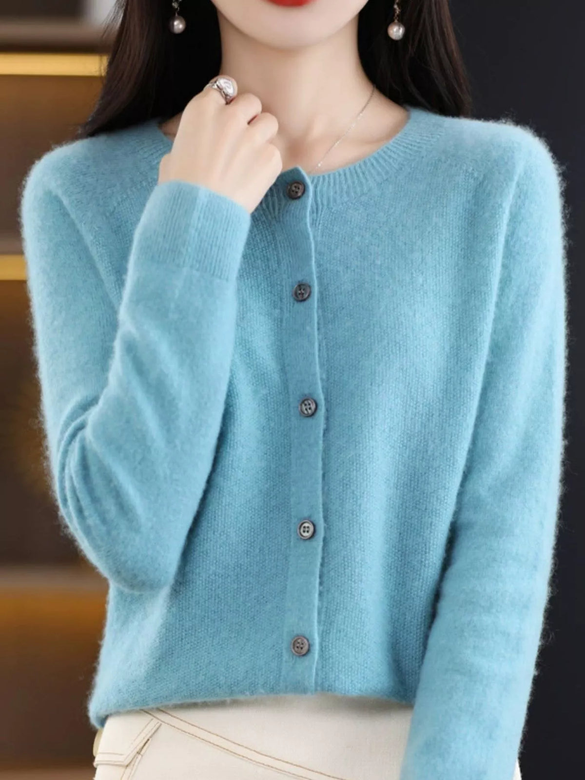 Round neck long sleeve cardigan, front view on model