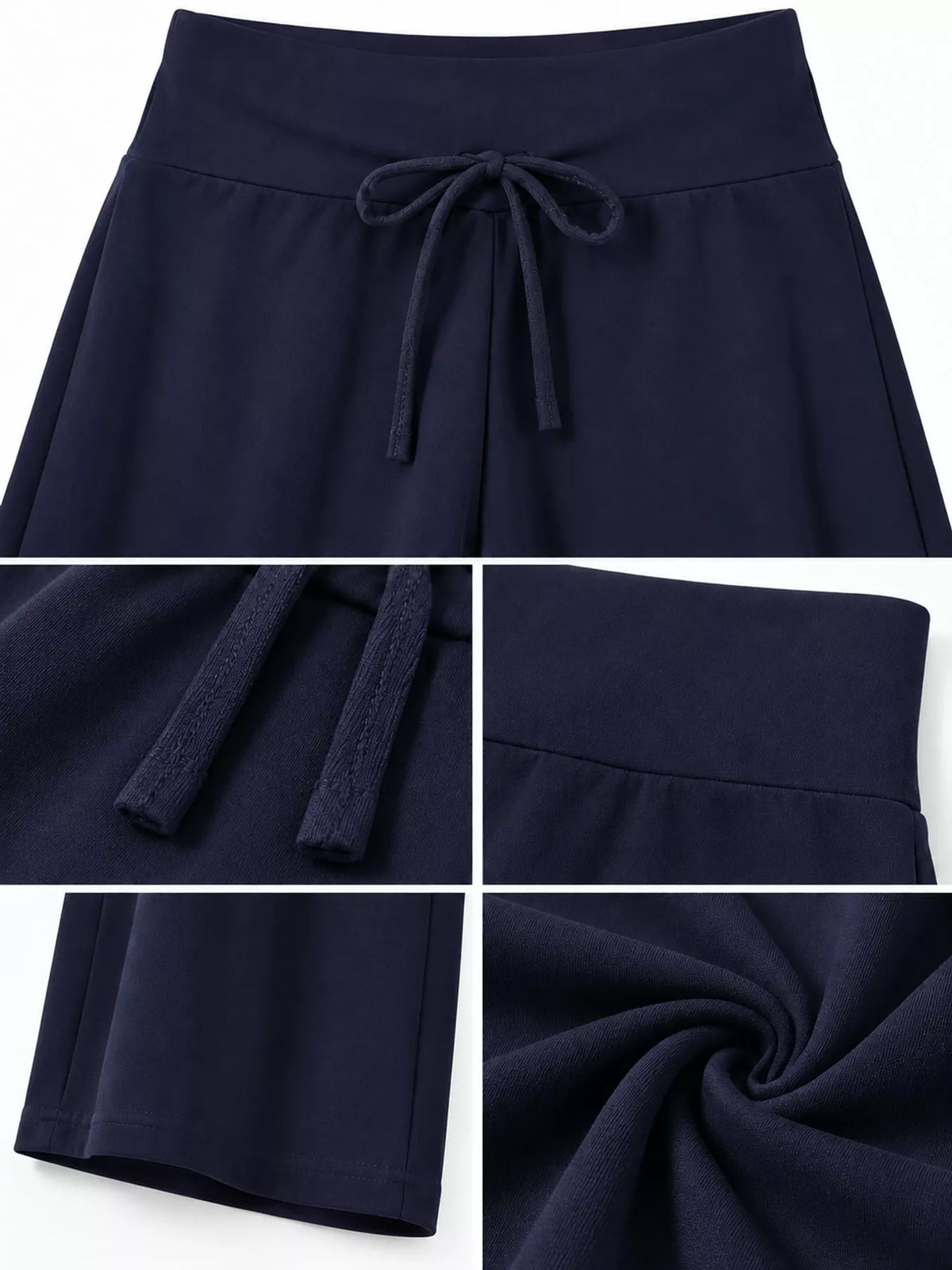 Navy drawstring wide-leg pants — design and construction details