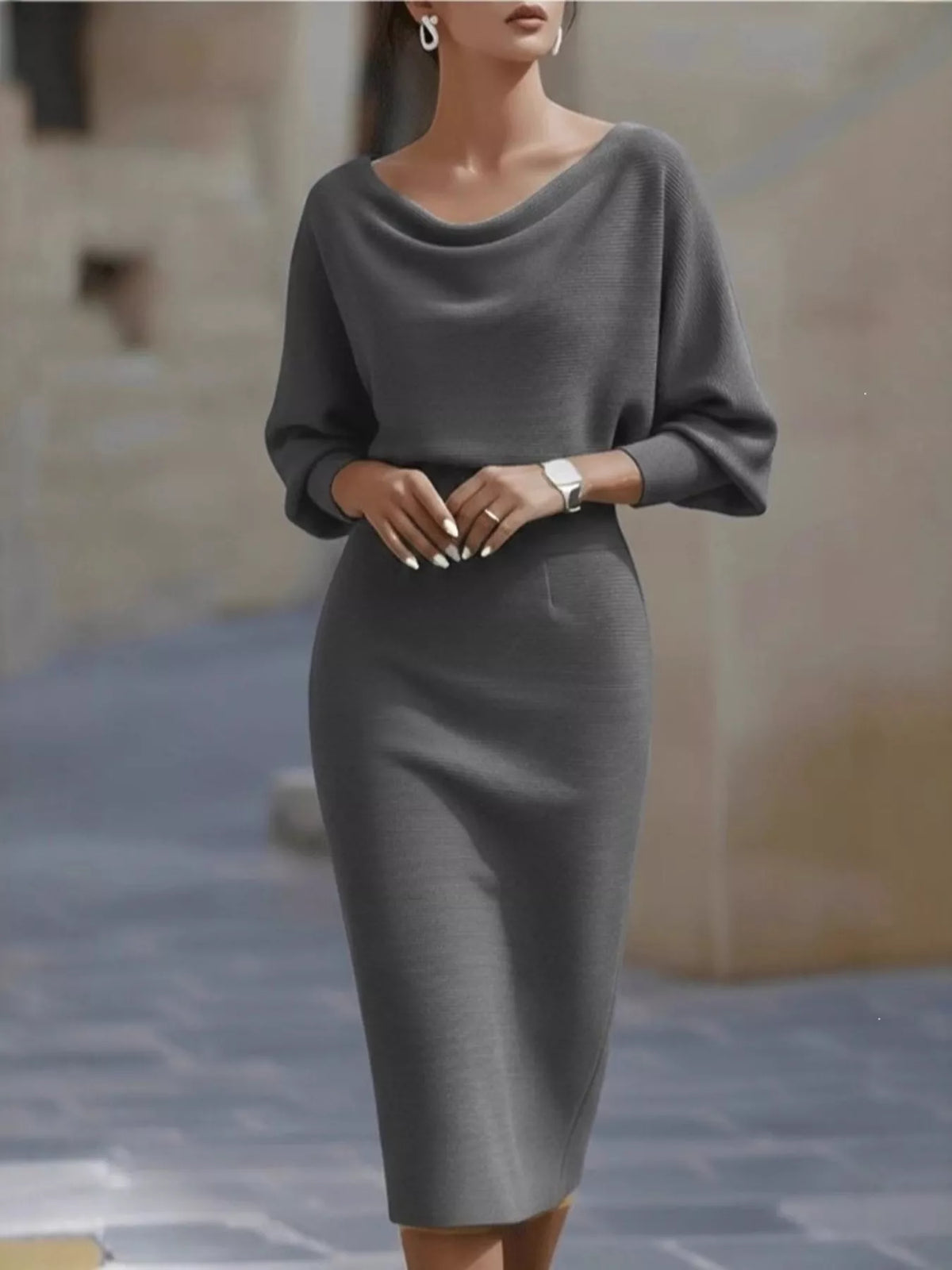 Cowl neck 3/4 sleeve knee dress, front view on model