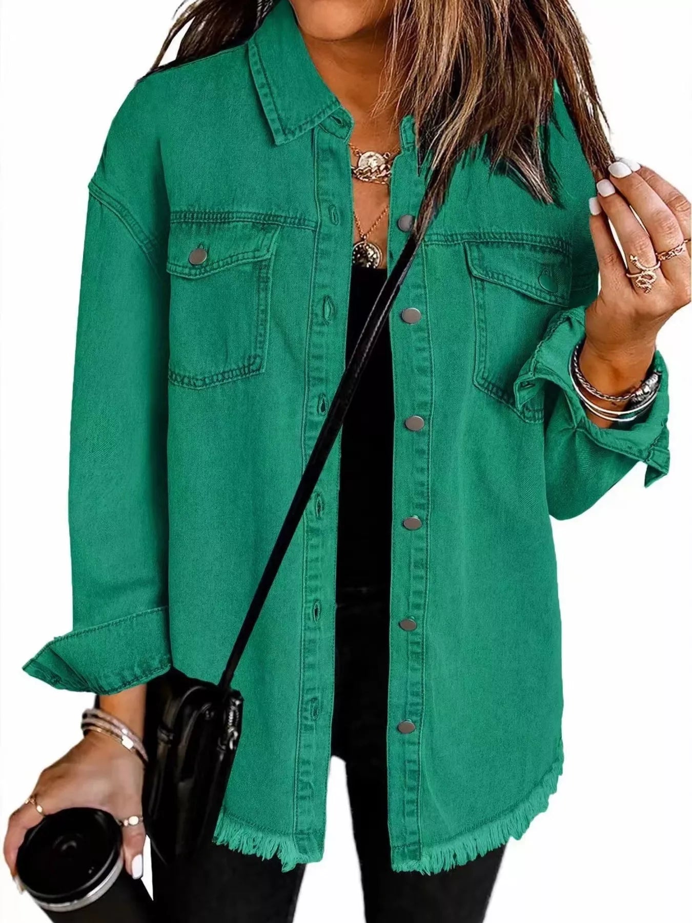 Trendsi Frayed Hem Button Up Denim Jacket -