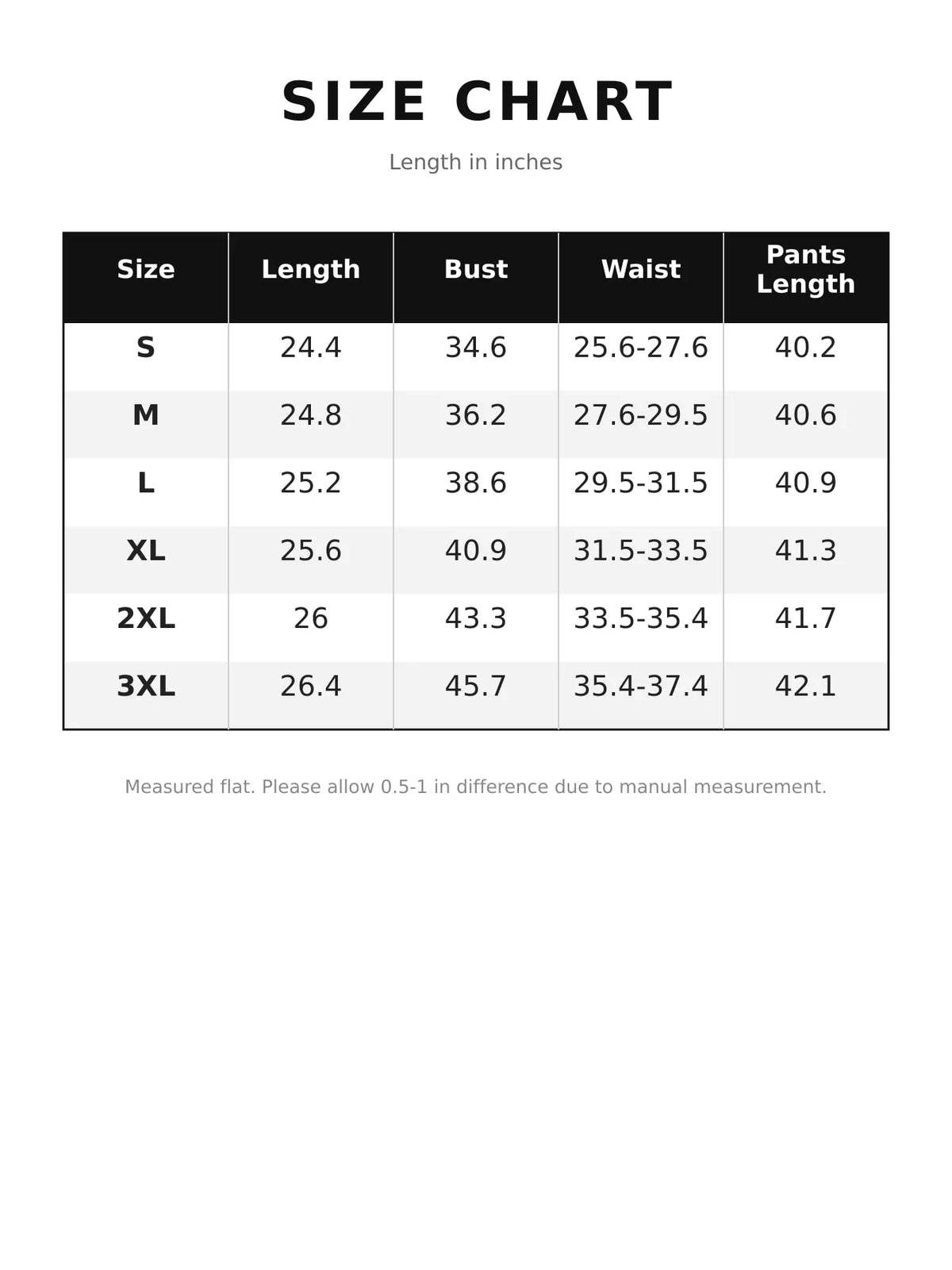 Size chart for button-down vest and wide-leg pants set