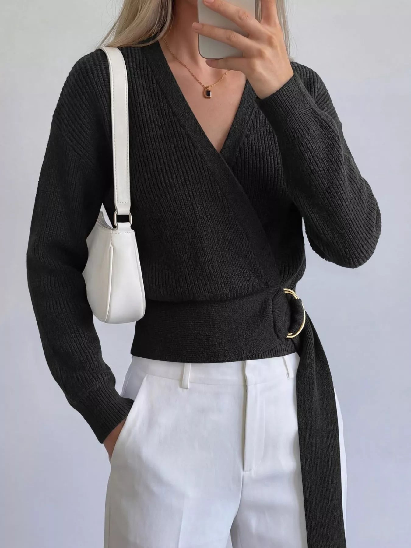 Trendsi Metal Ring Detail Dropped Shoulder Sweater -