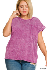 Trendsi Zenana Full Size Crinkle Washed Round Neck Folded Short Sleeve Tee Plus Size -
