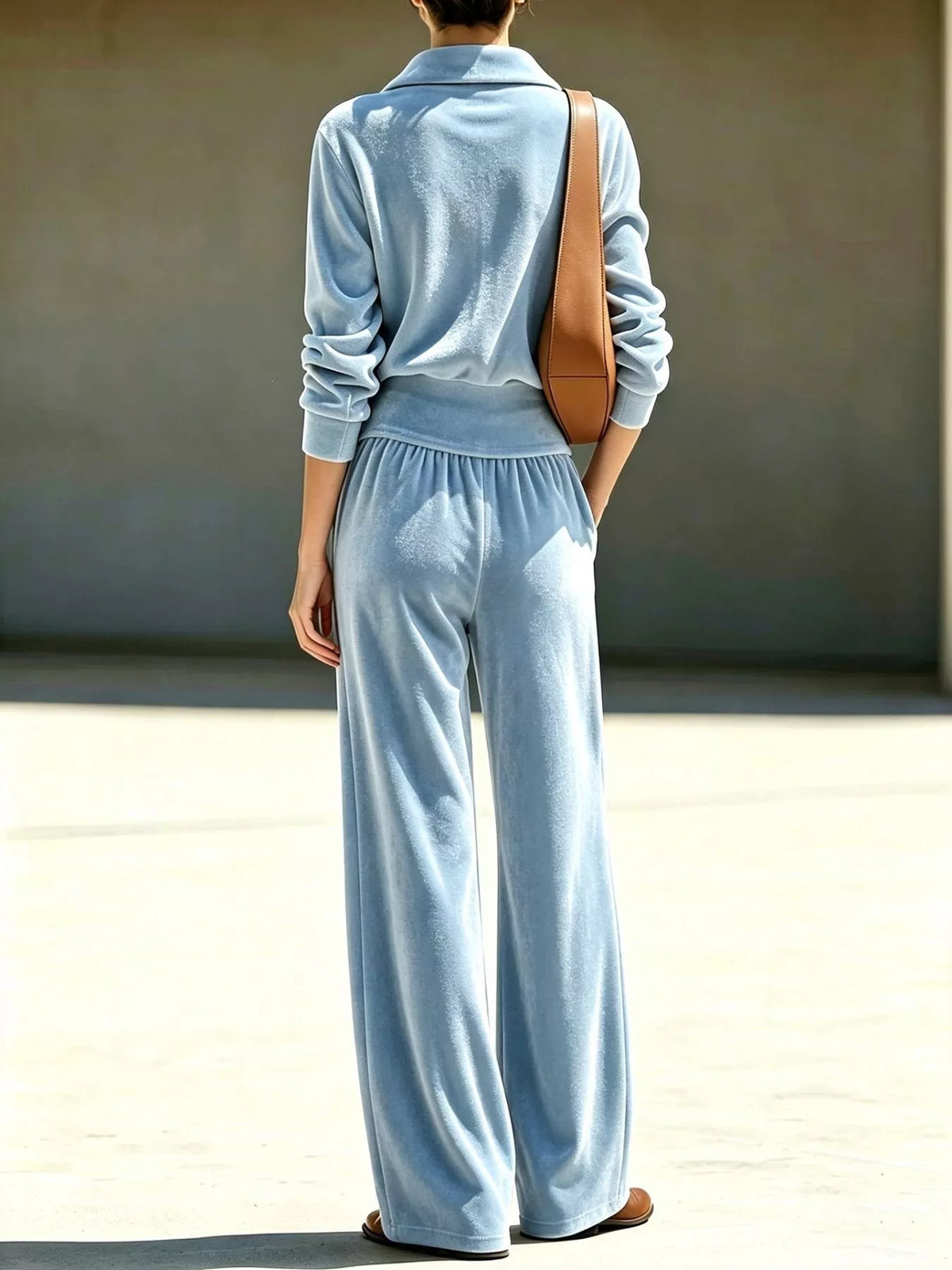 Women's Half Zip Sweatshirt and Wide-Leg Pants Set in light blue — back view