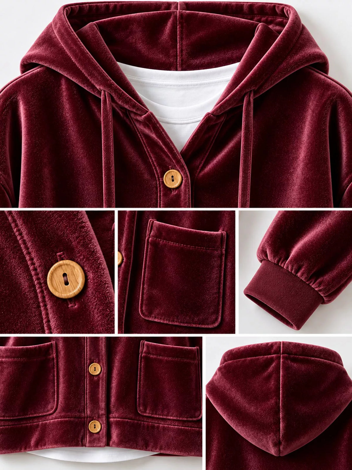 Burgundy velvet dropped shoulder hoodie, detail view