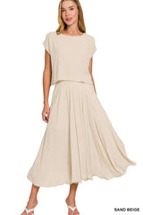 Trendsi Zenana Woven Crinkle Gauze Crop Tee and Skirt Set -