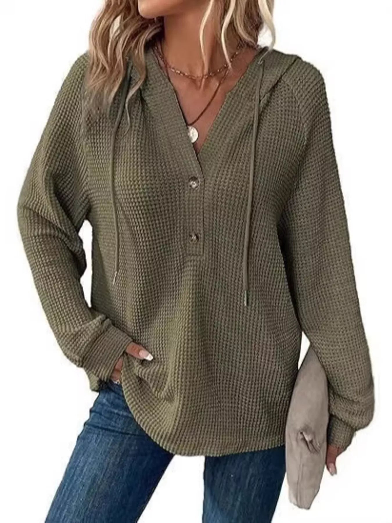 Trendsi Full Size Waffle Knit Half-Button Hoodie Plus Size -