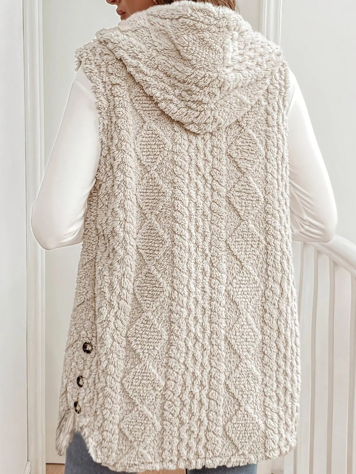 Hooded Sherpa Vest Coat, back view in cream