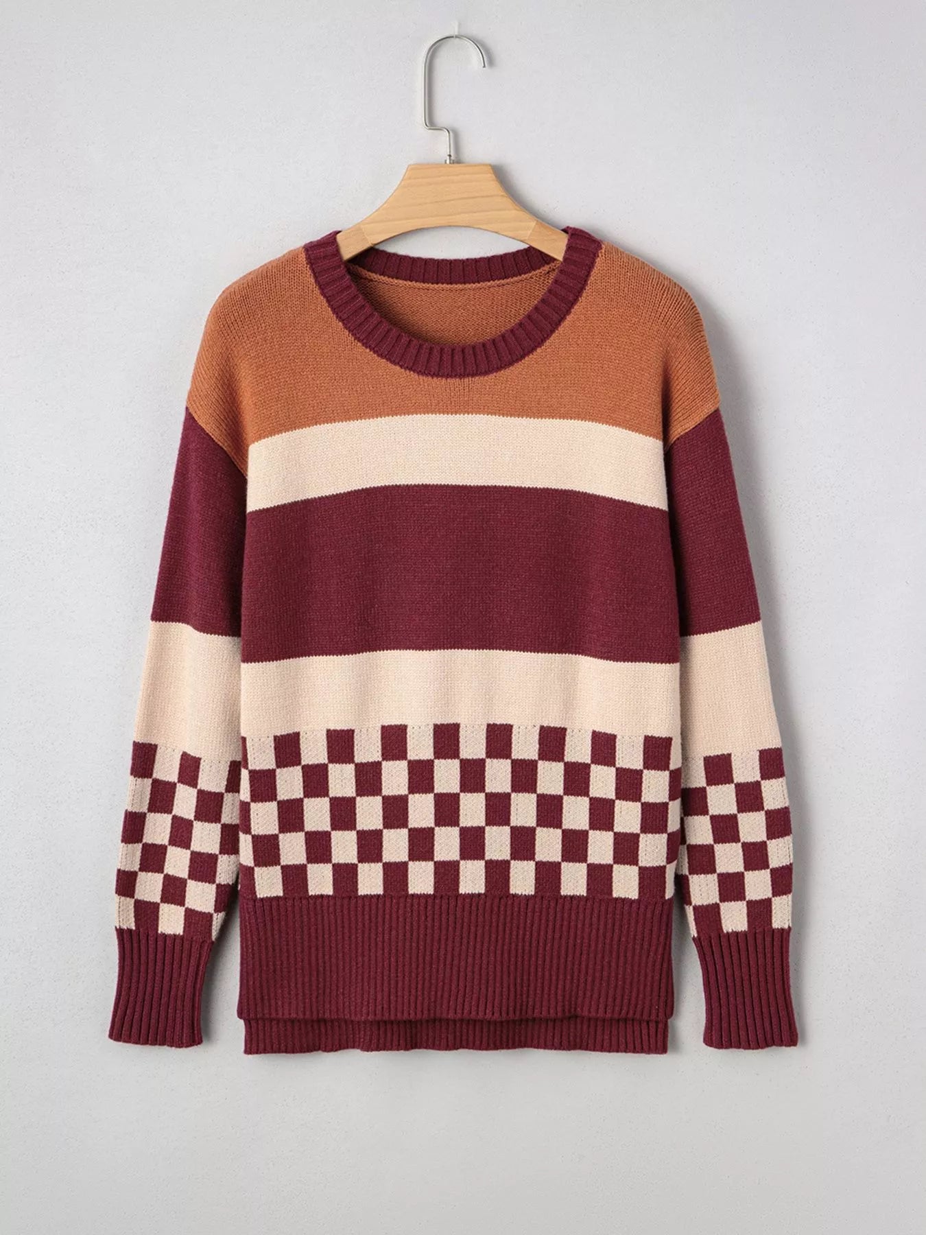 Trendsi Checkered Color Block Knitted Drop Shoulder Sweater -