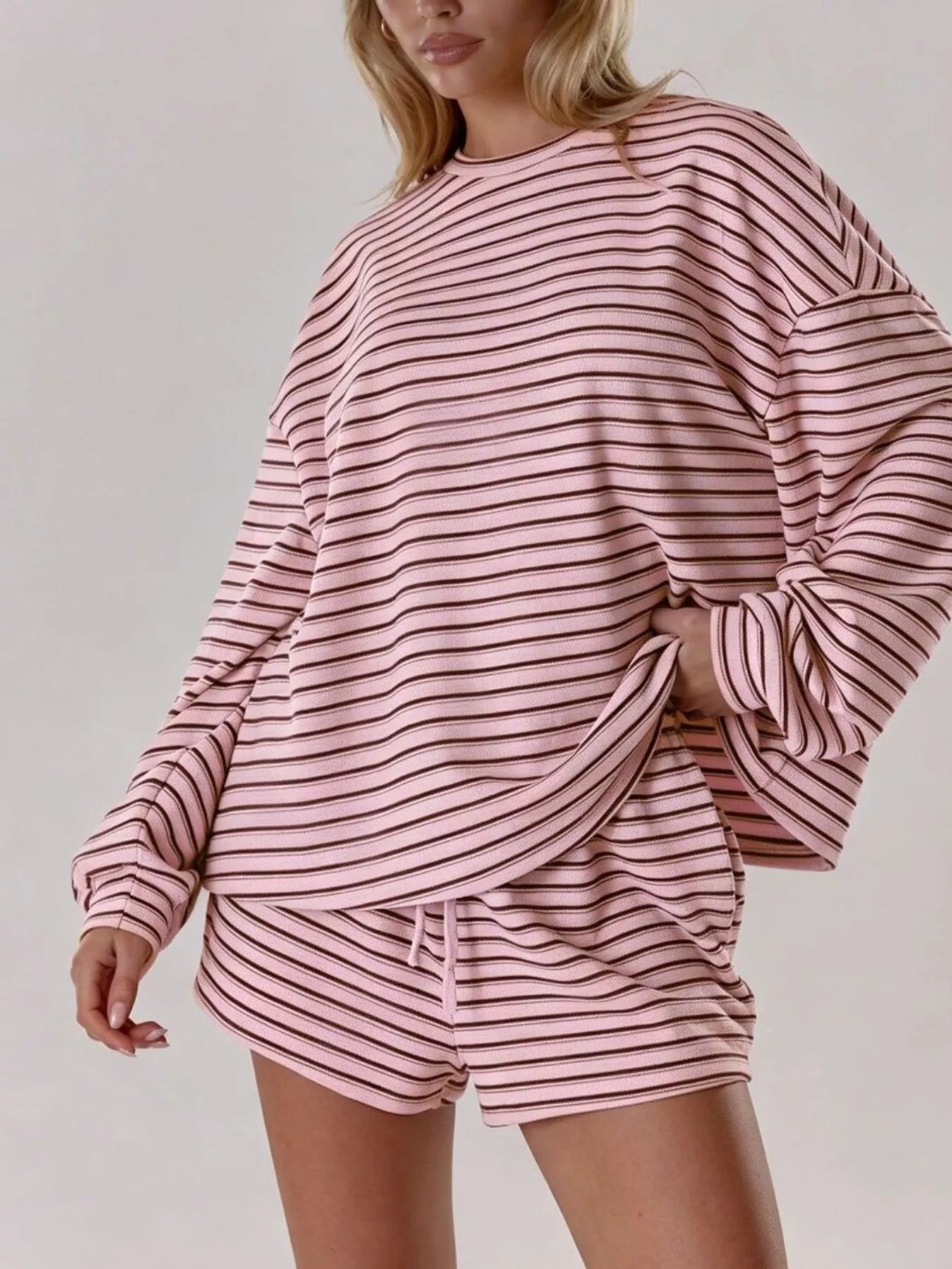 Trendsi Casual Striped Long-Sleeve Top and Shorts Set -