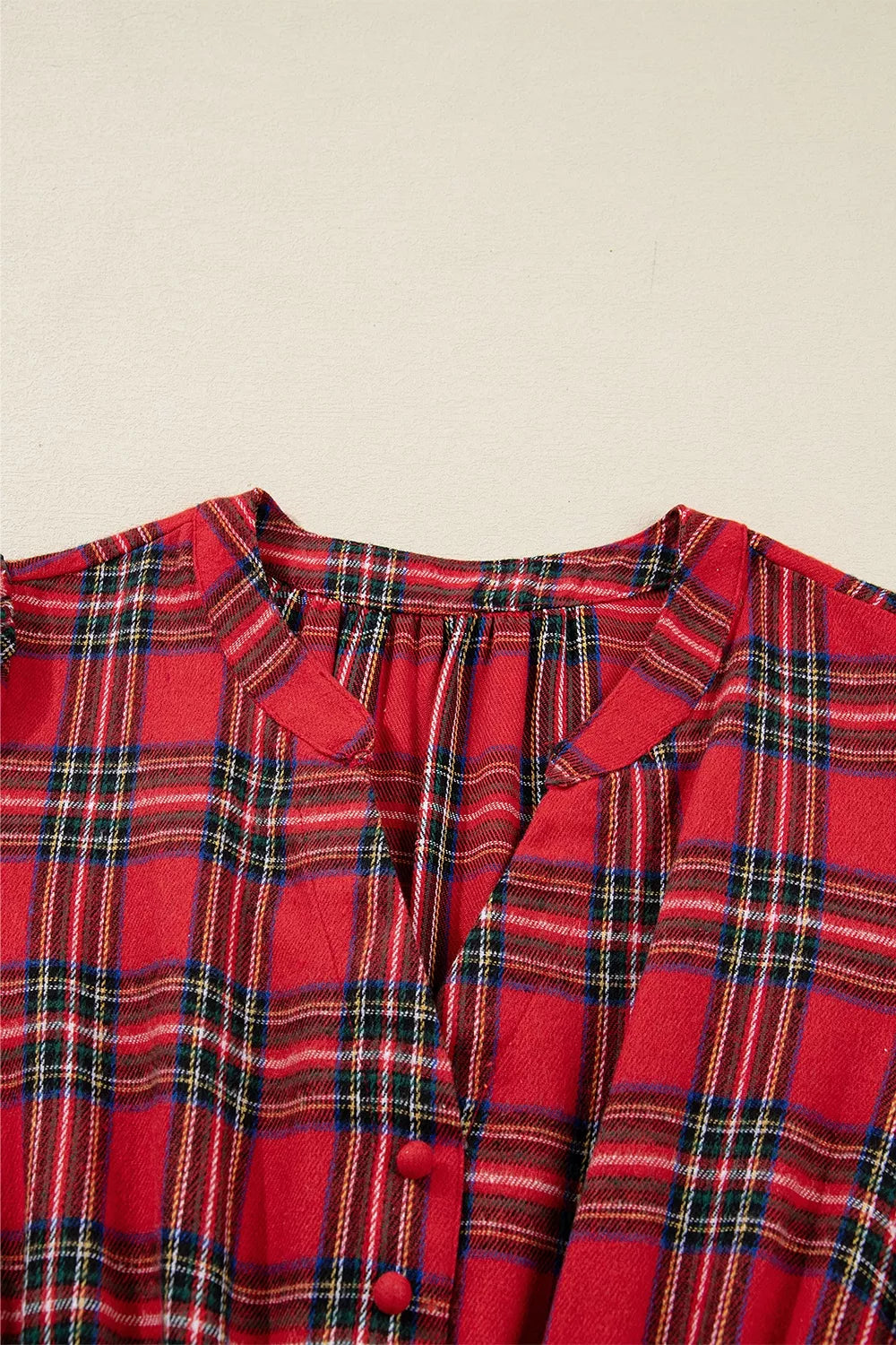 Trendsi Christmas Plaid V Neck 3/4 Sleeve Tie Waist Ruffle Hem Midi Dress -