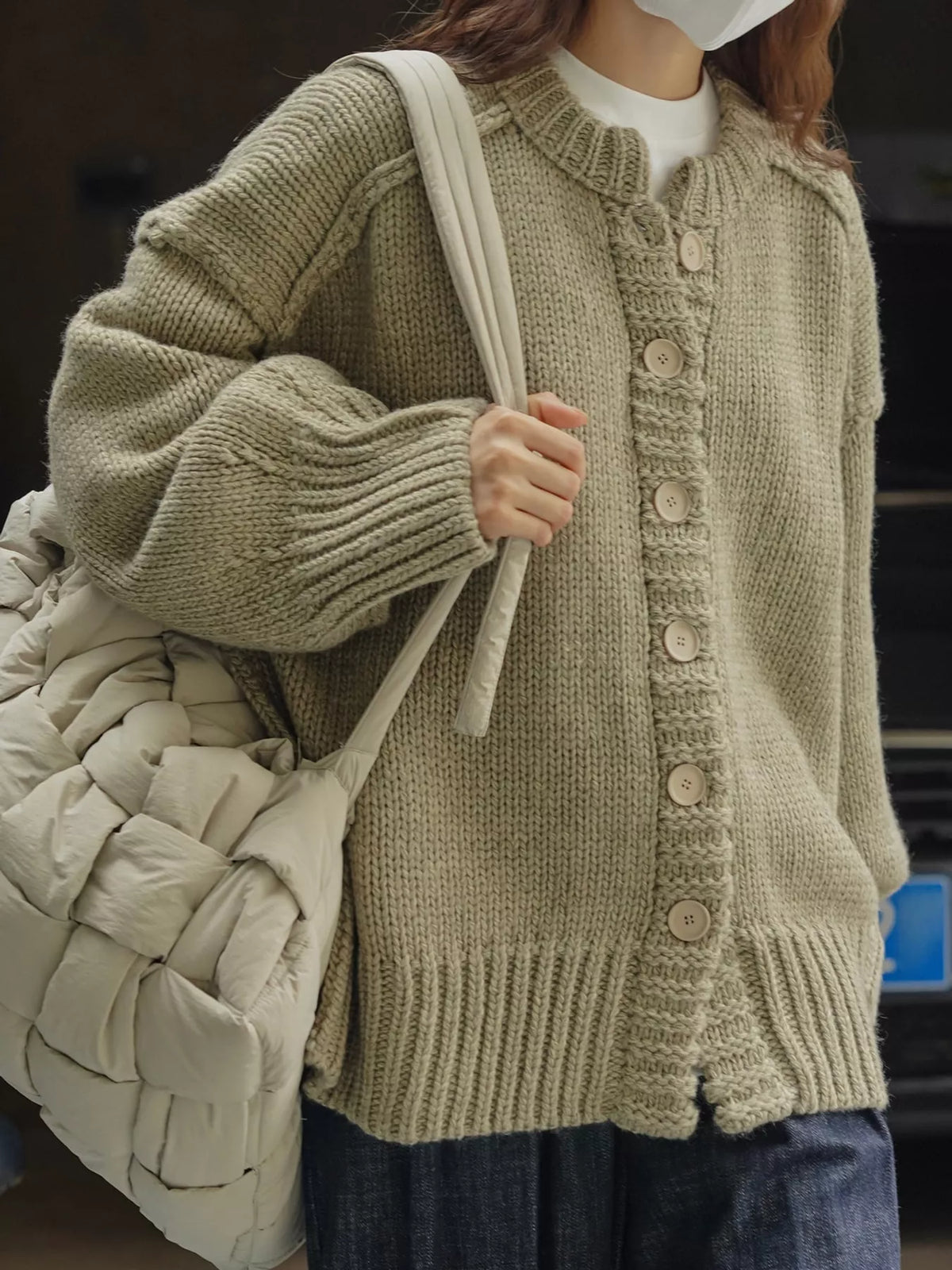 Oversized Chunky Knit Cardigan with Textured Button Placket in green