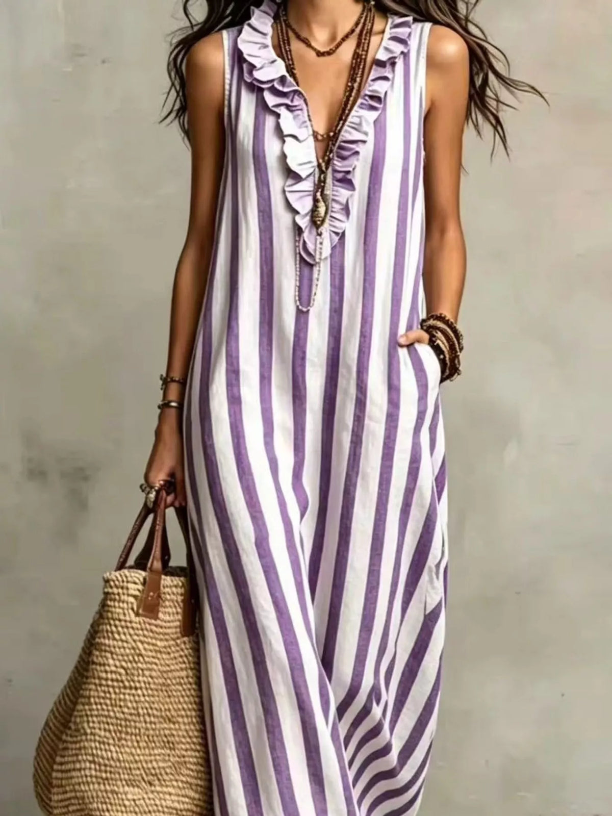 Purple and white striped sleeveless maxi dress, neckline and stripe detail