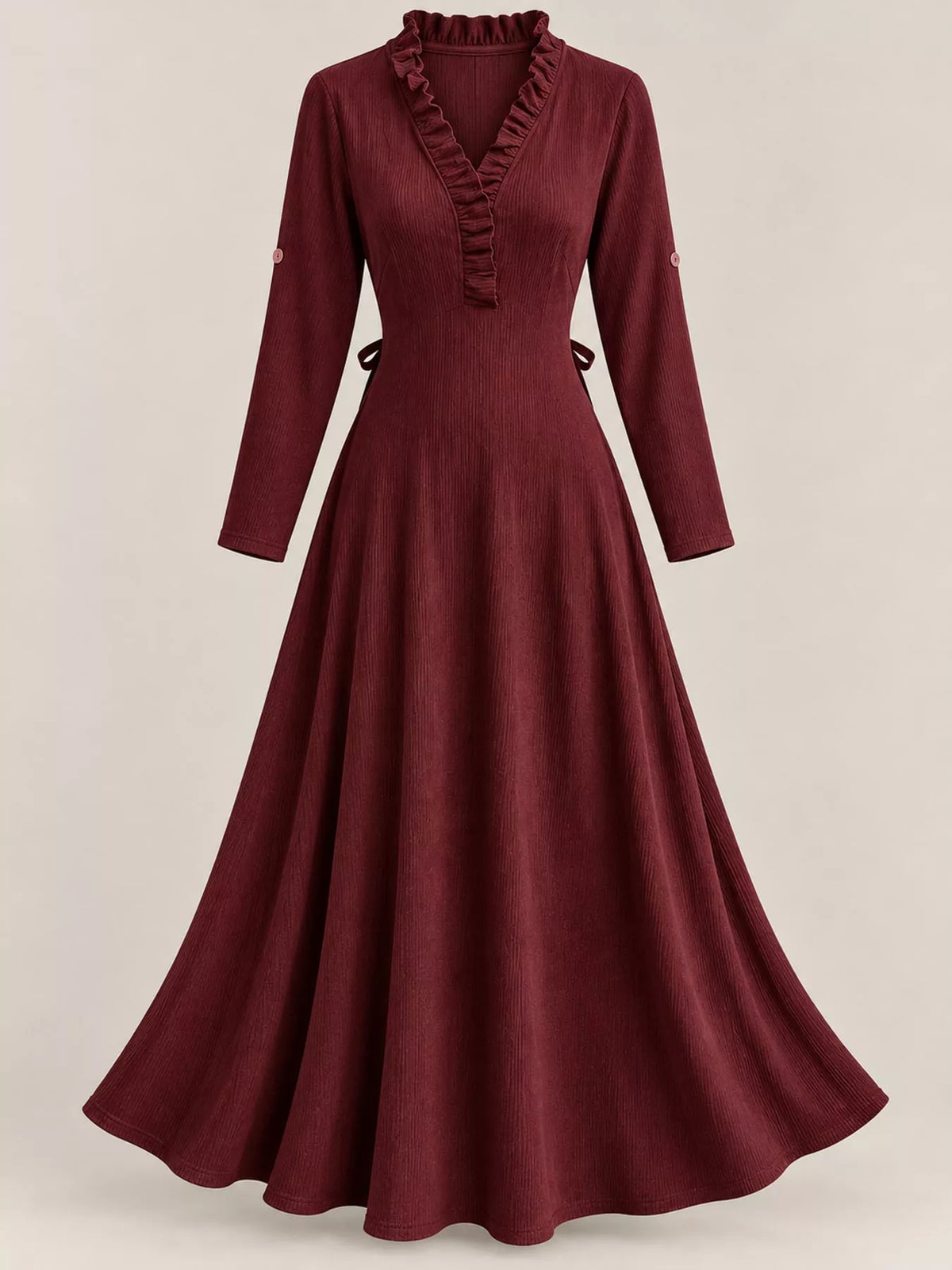 Frill-trim maxi dress, burgundy flat lay