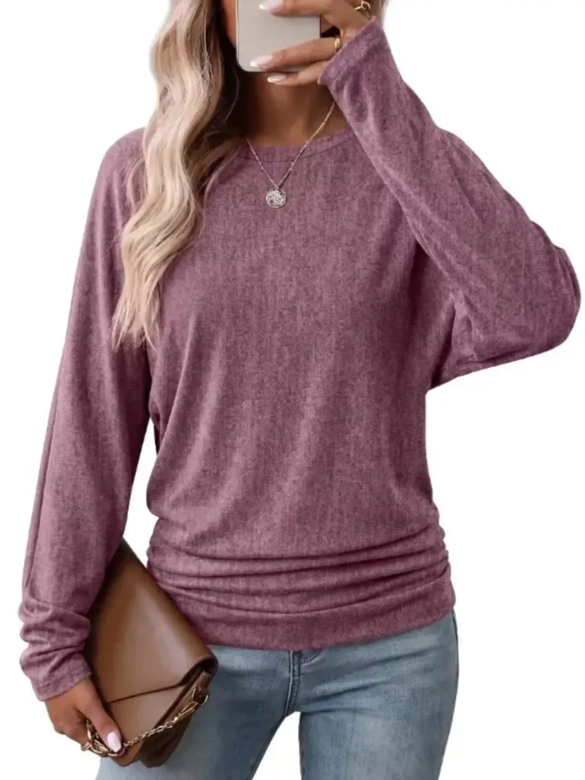 Purple crew neck t-shirt with ruched hem