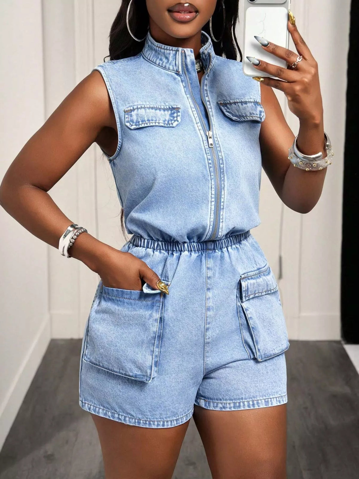 Women's Sleeveless Zip-Front Denim Romper in Blue, alternate view