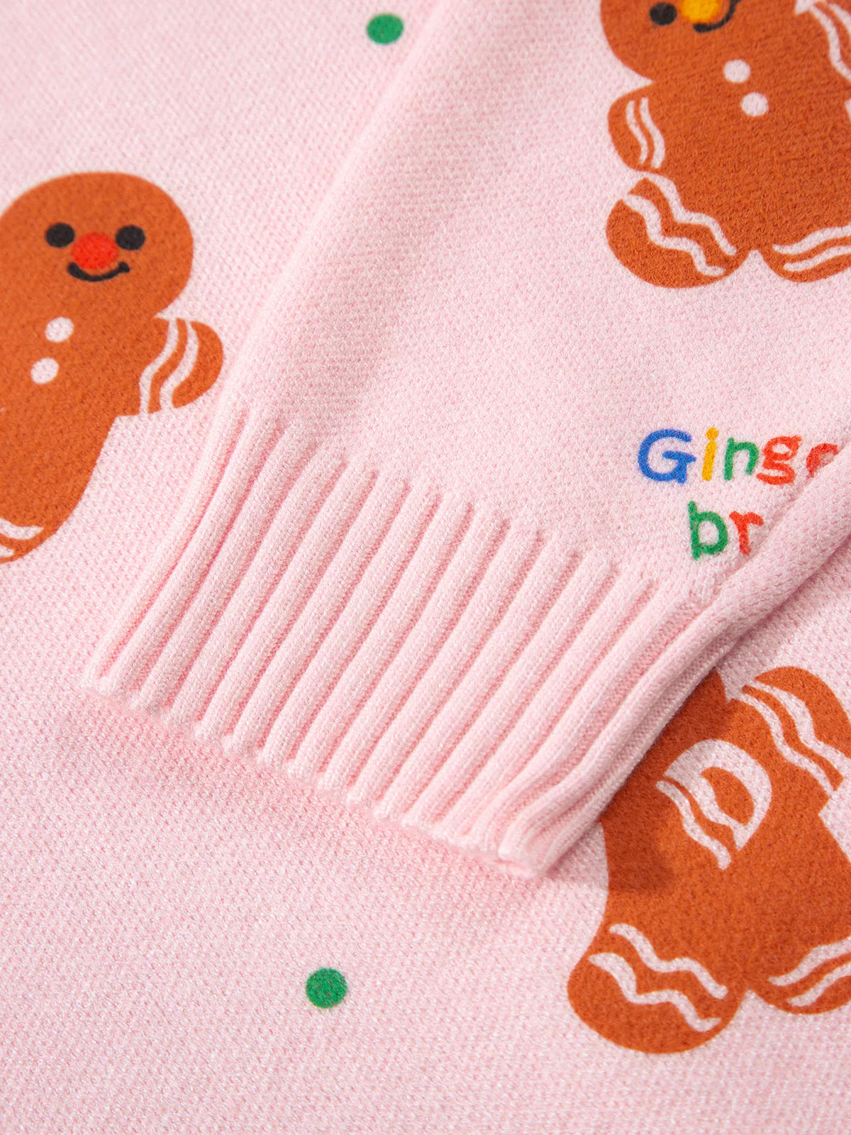 Gingerbread Pattern Long Sleeve Round Neck Sweater in pink, cuff detail