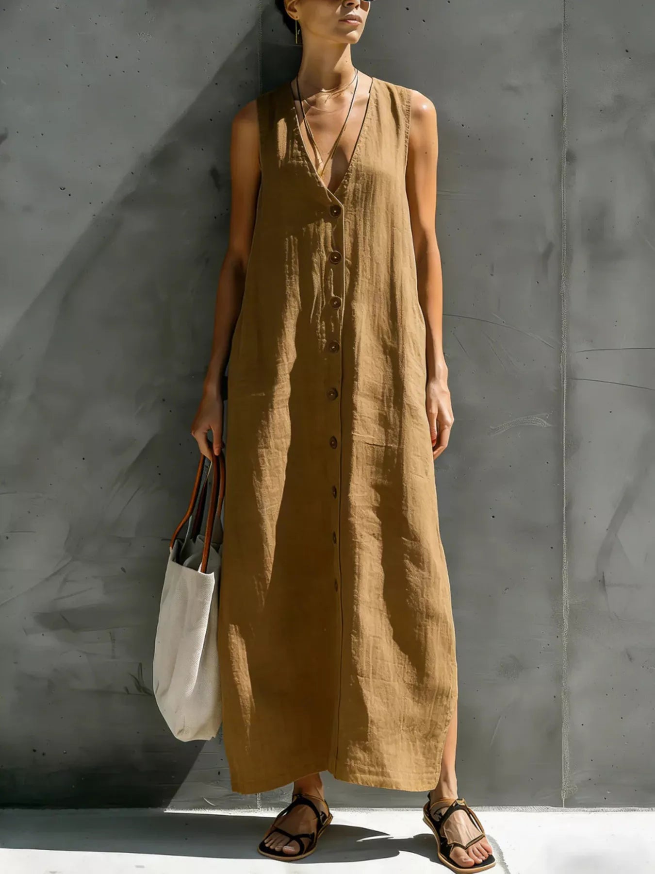 Trendsi Full Size Sleeveless V-Neck Button-Down Linen Maxi Dress Plus Size -