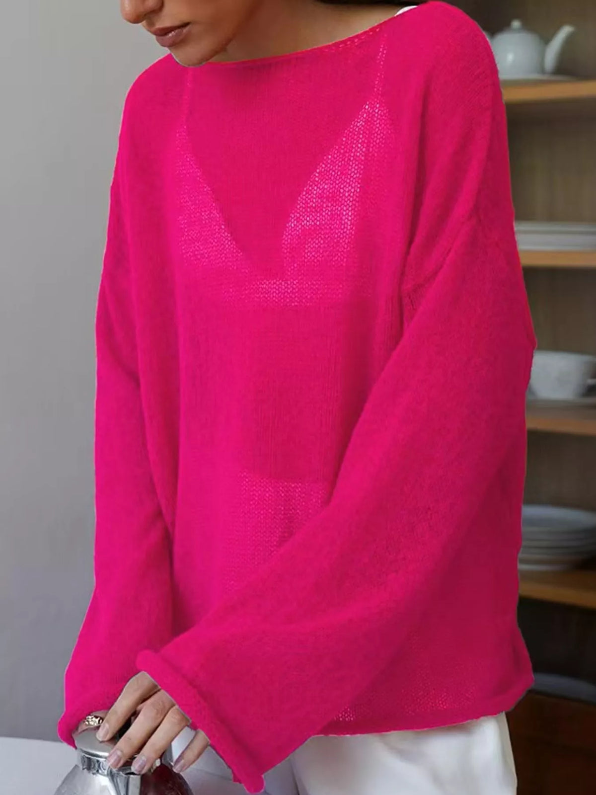 Hot pink sheer openwork knit long sleeve top