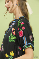 Trendsi Umgee Botanical Print Contrast Trim Button Blouse -