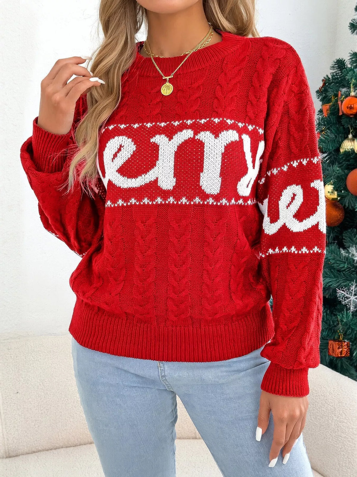 Merry Cable Knit Sweater in red, front view