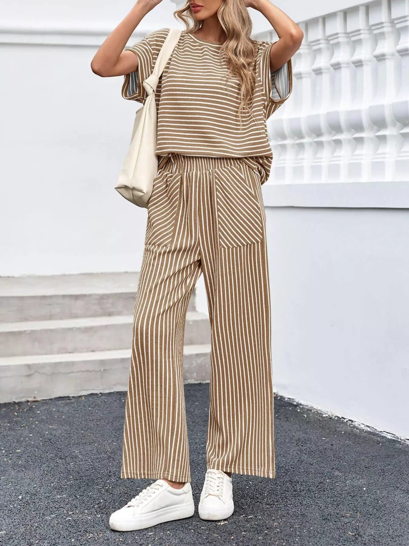 Trendsi Casual Striped Short Sleeve Top and Wide Leg Pants Two-Piece Set -