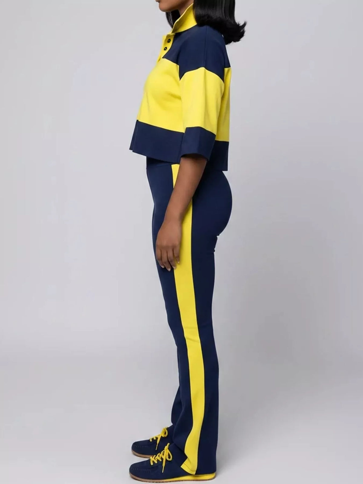Color-Block Polo Collar Crop Top and Pants Two-Piece Set in navy blue and yellow