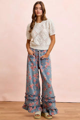 Trendsi BiBi Washed Floral Denim With Ruffle Elastic Wide Pants - Pants
