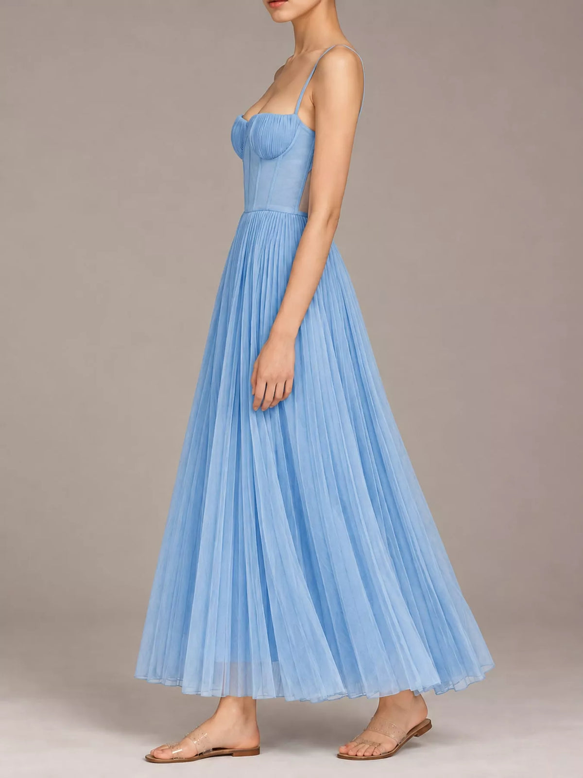 Light blue pleated sweetheart neck midi dress — side view