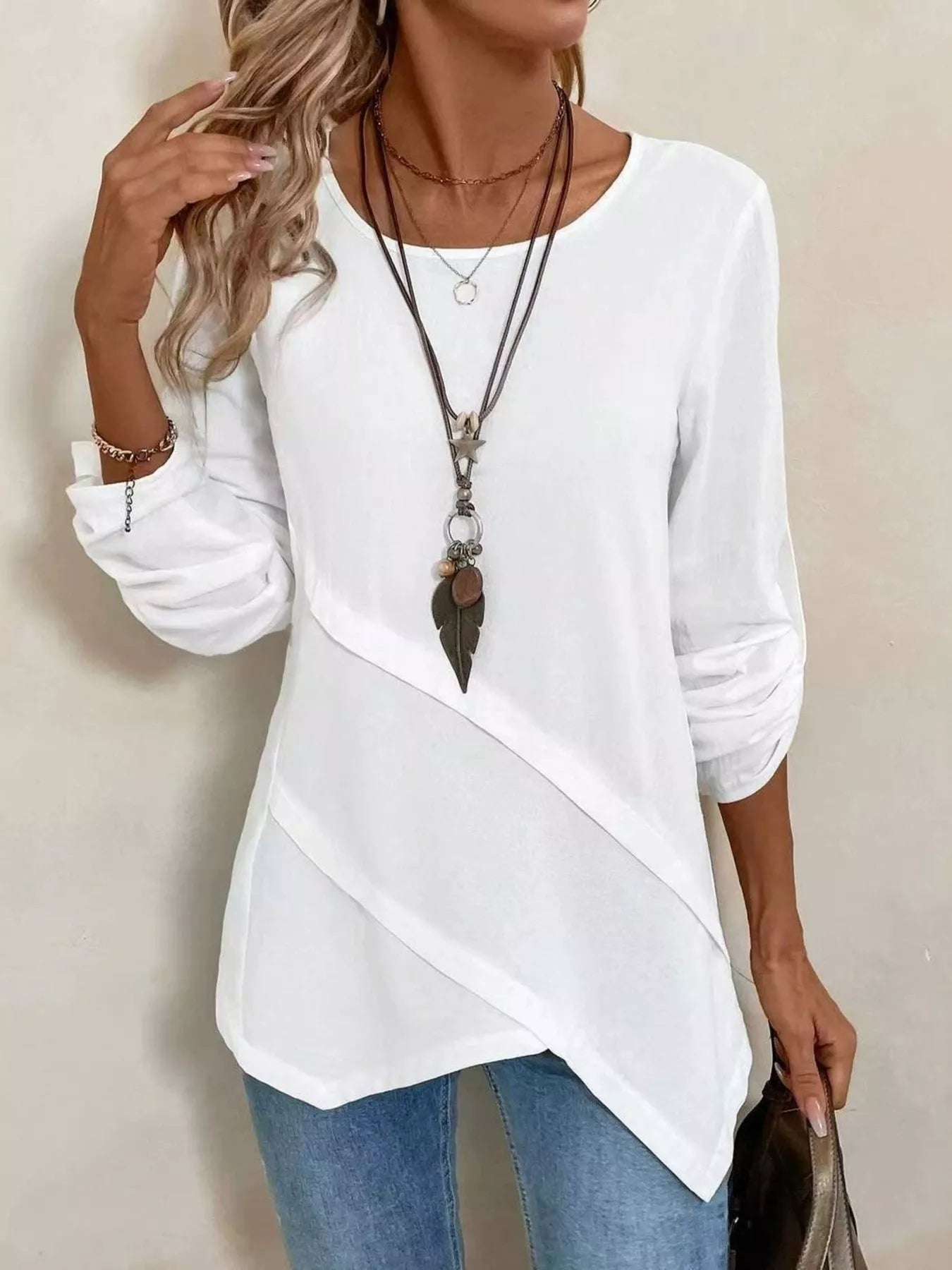 Trendsi Asymmetrical Hem Solid Color Linen Blouse -