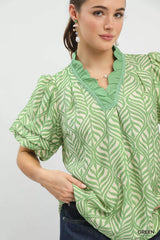 Trendsi Umgee Printed Puff Sleeve Ruffle Neck Top -