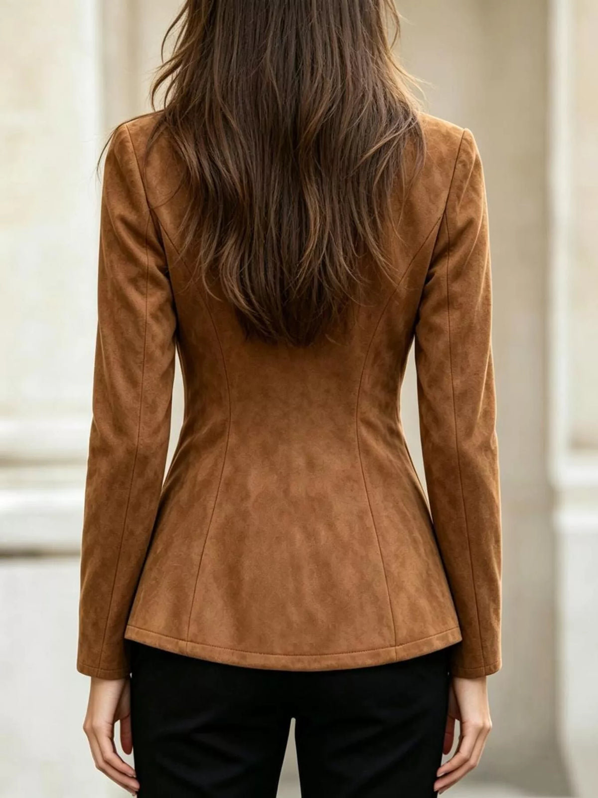 Apricot long sleeve buckle jacket, back view