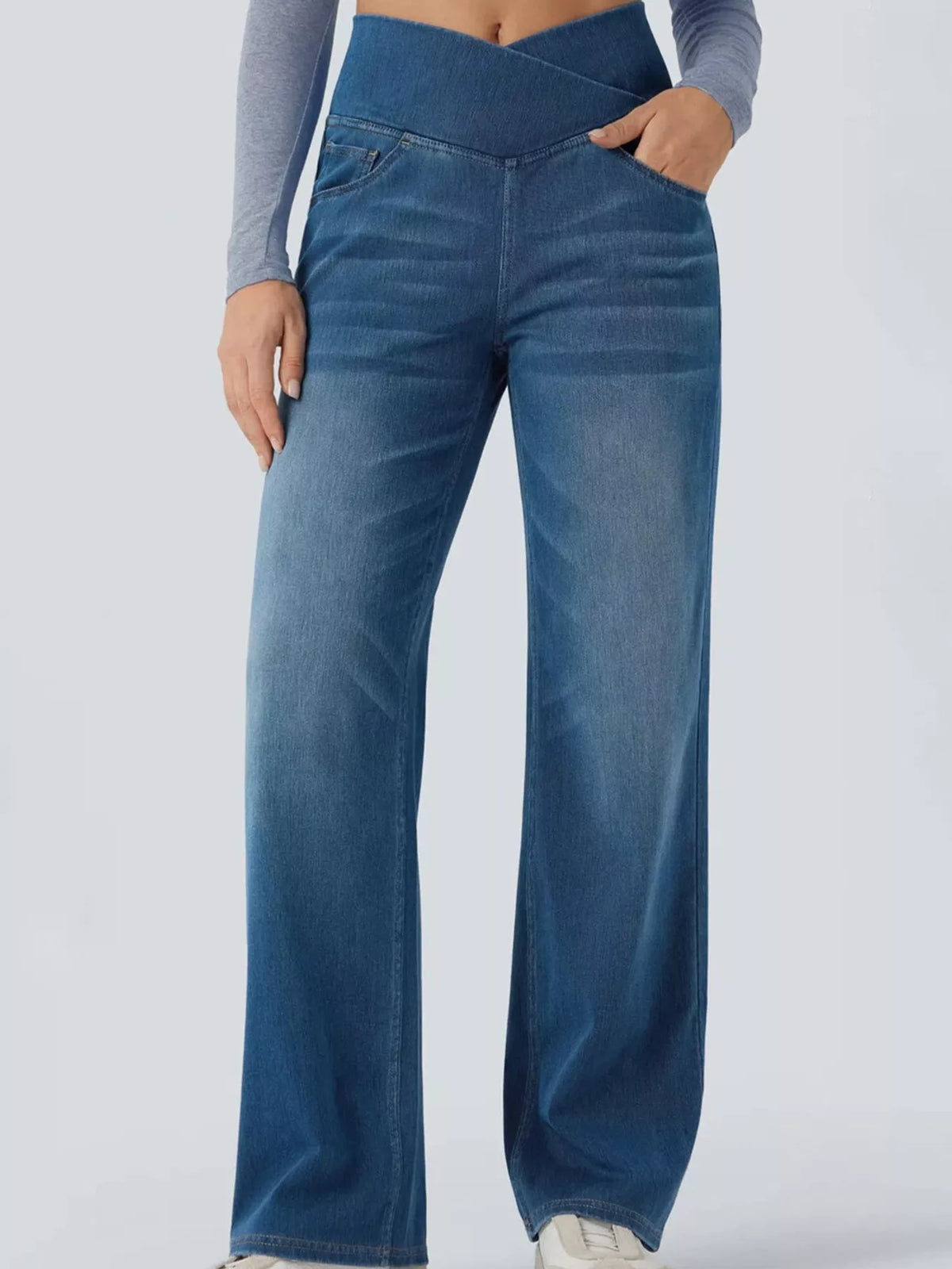High-Waisted Crossover Straight-Leg Jeans, front view