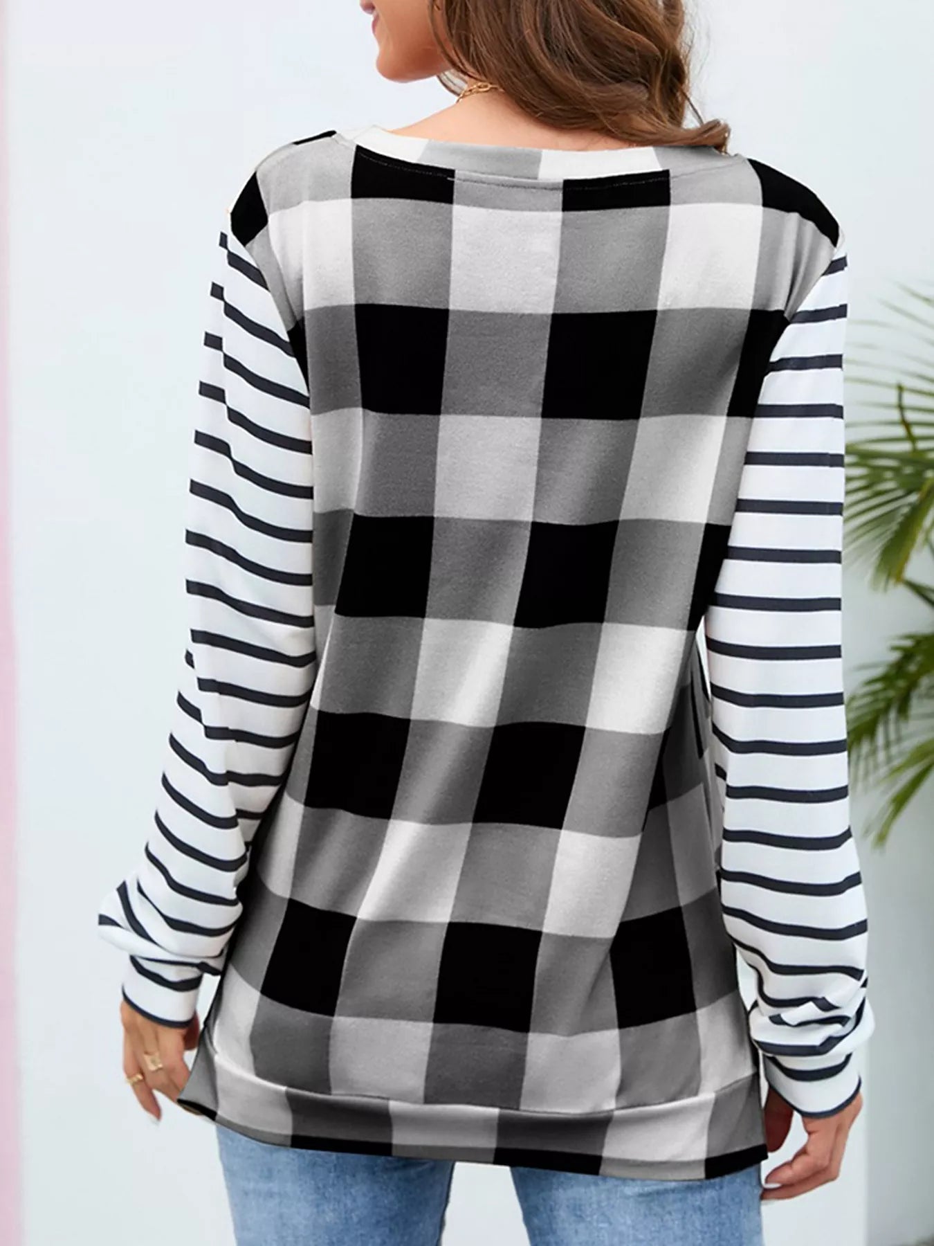 Trendsi Plaid and Stripe Contrast Long Sleeve T-Shirt -