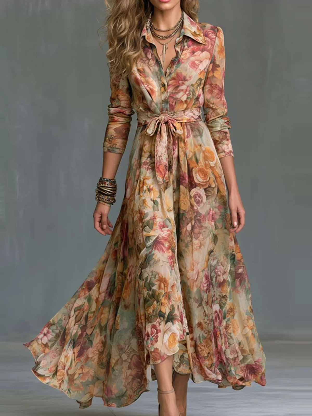 Trendsi Floral Print Long Sleeve Maxi Shirt Dress -
