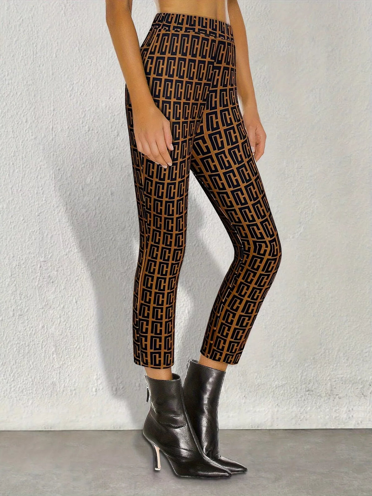 Coffee Brown Geometric-Pattern Slim-Fit Cropped Pants front view