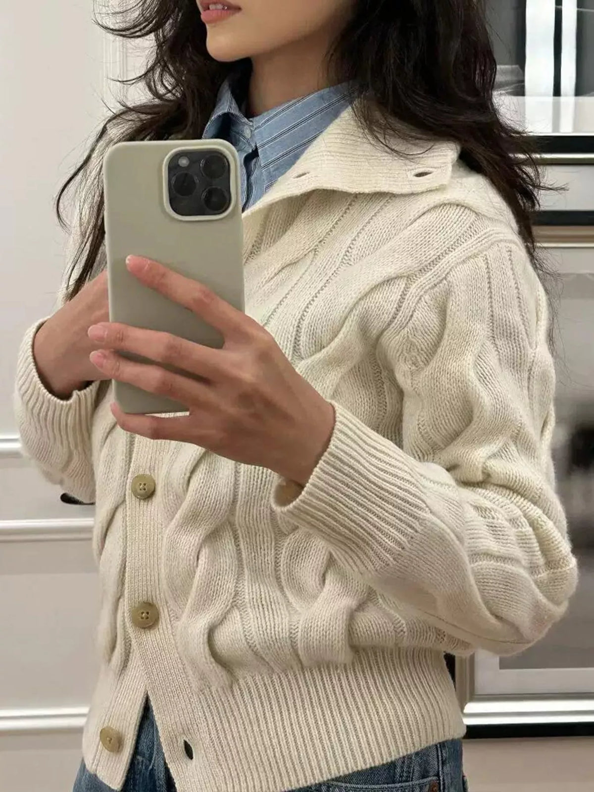 Cream cable knit button-up cardigan