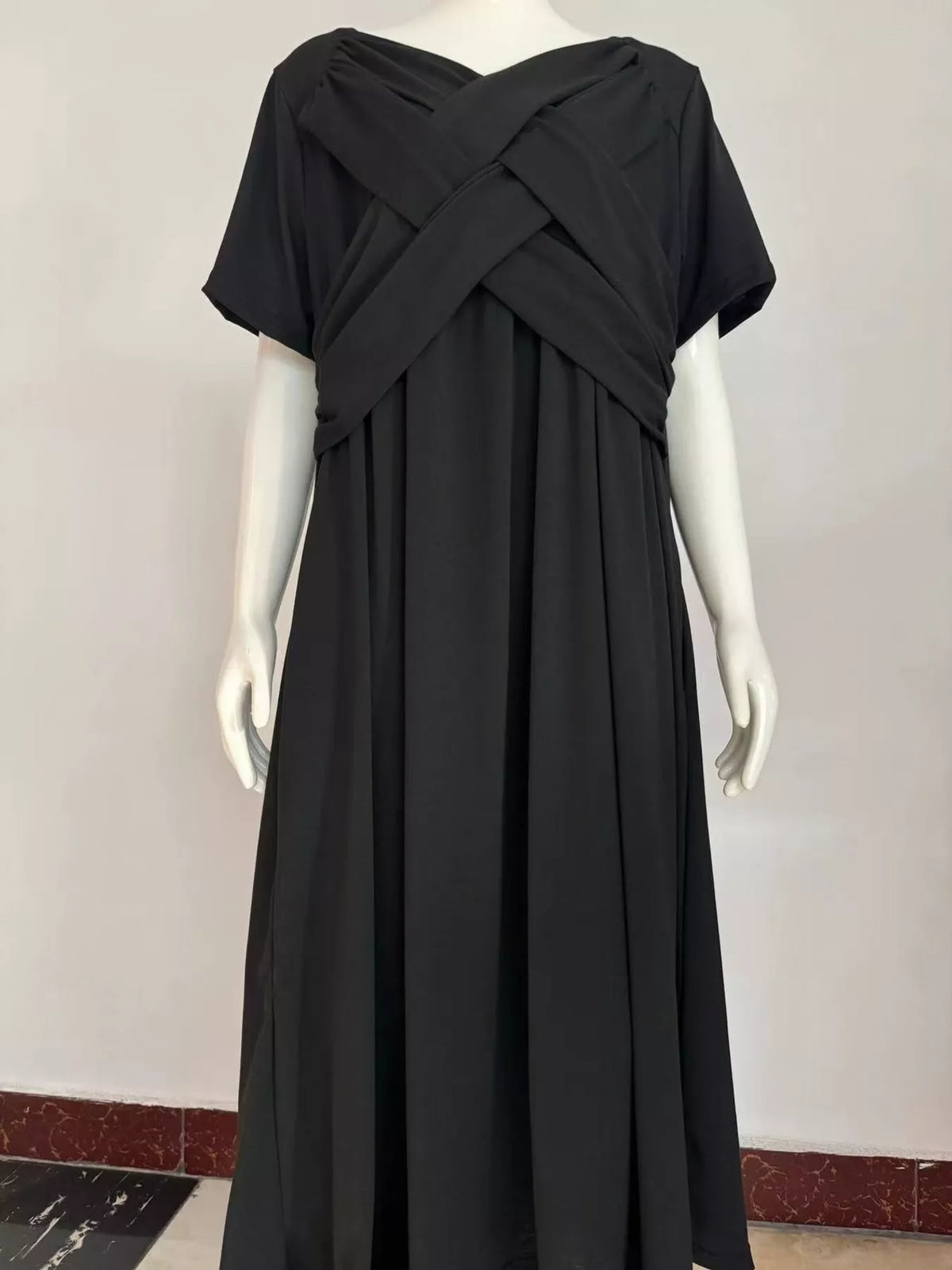 Black crisscross short sleeve midi dress, front view