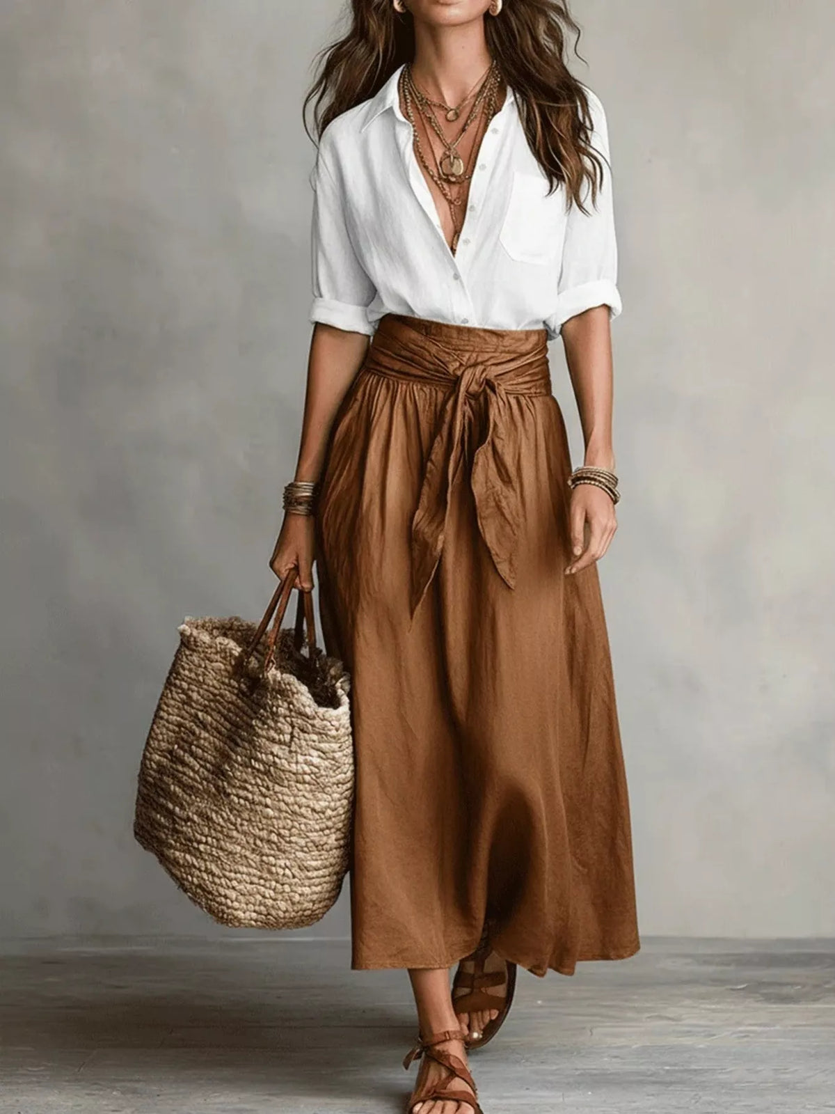 White and brown button-front shirt and skirt set, full front view