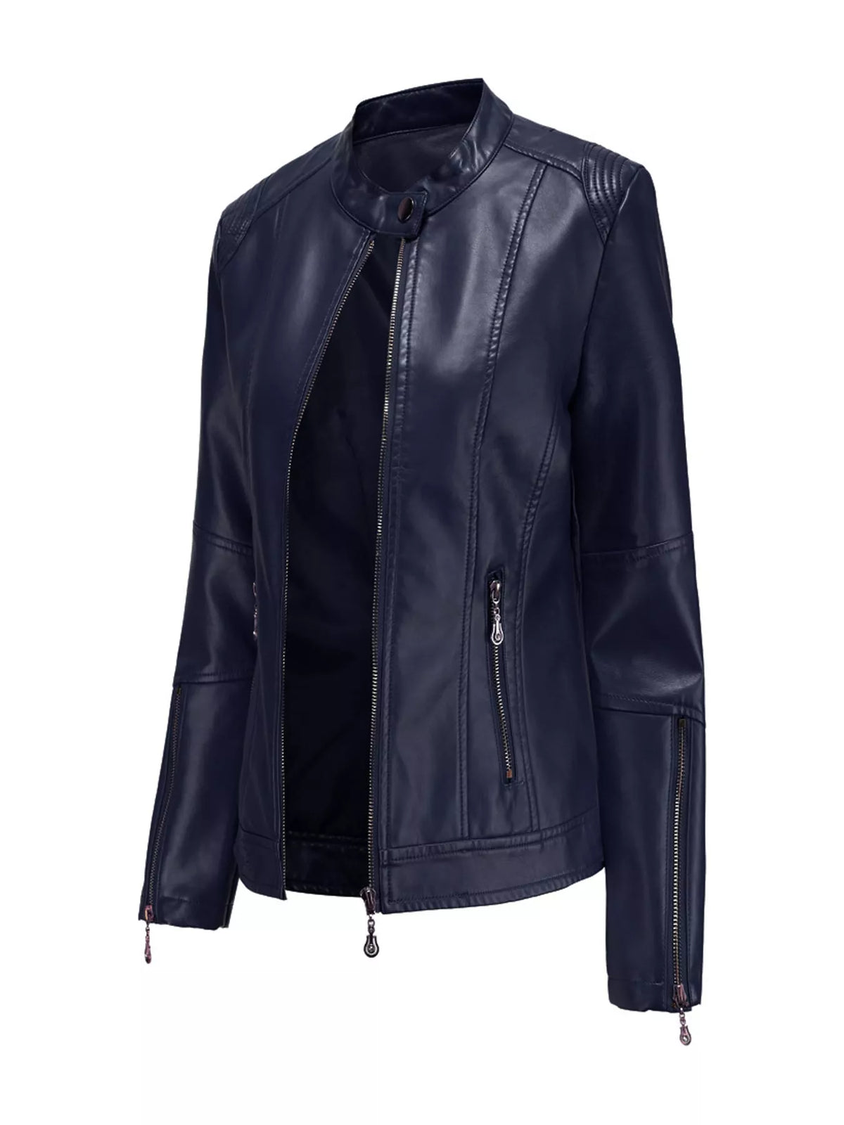 Slim Fit Faux Leather Moto Jacket — garment front