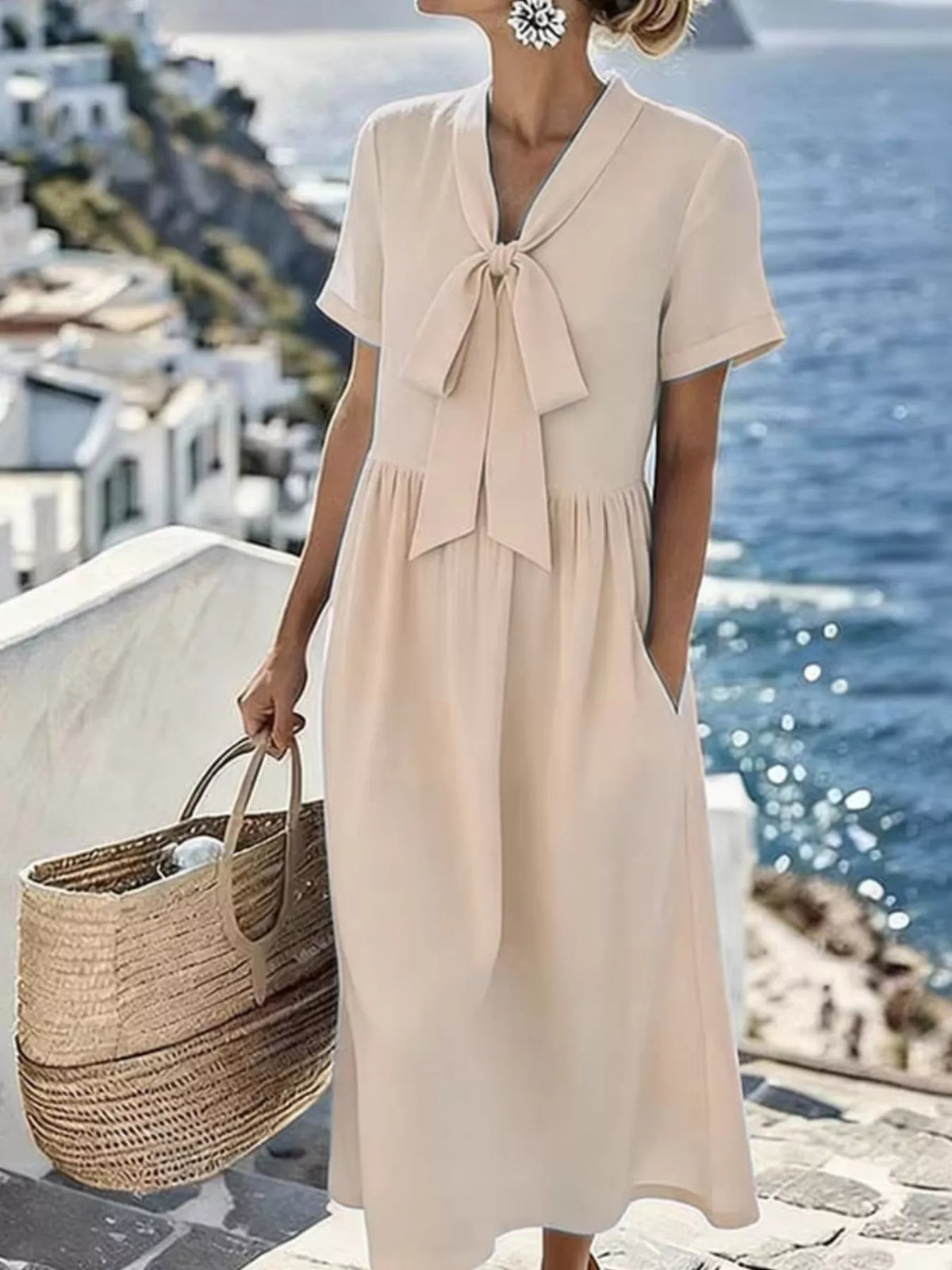 Women's Bow-Tie Short Sleeve Midi Dress in Apricot, front view